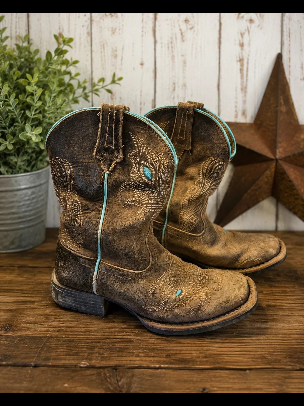 Ariat Brown Leather Kids Cowboy Boots with Turquoise Accents